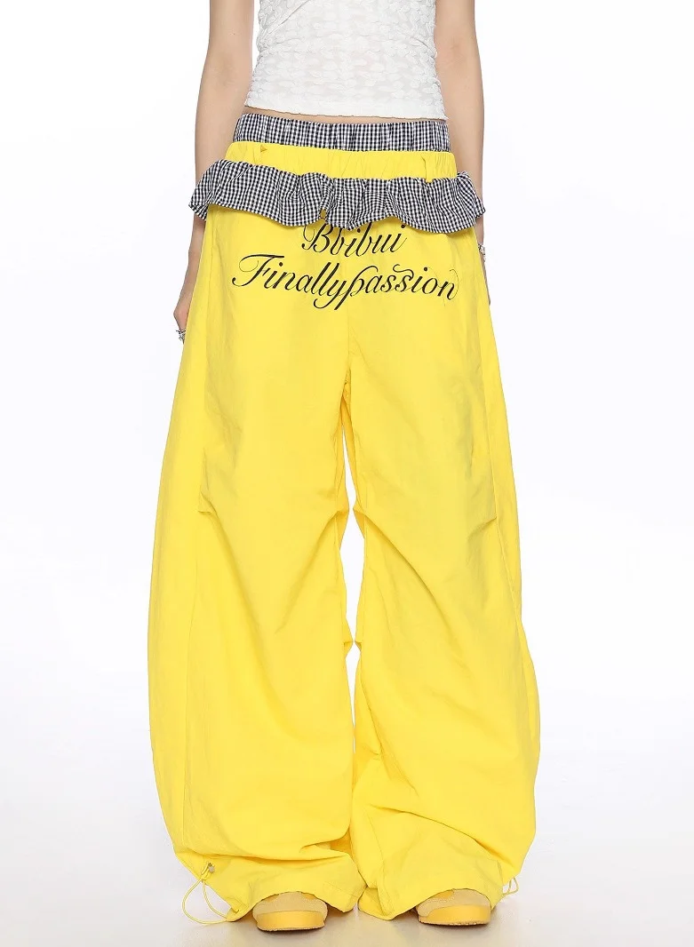Madam Uniq Yellow Y2K Style 610343 Dopamine Outfit Sweet Lace Patchwork Casual Pants