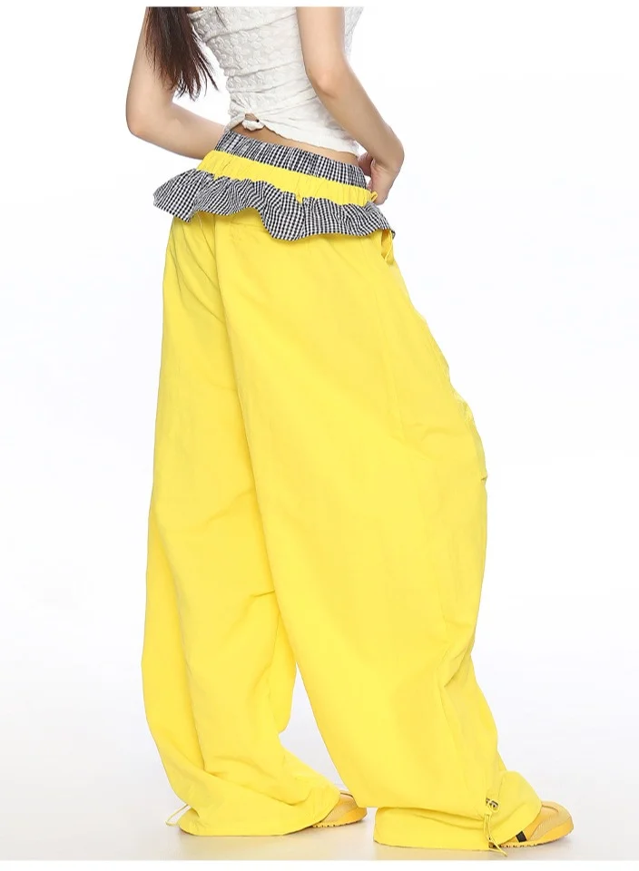 Madam Uniq Yellow Y2K Style 610343 Dopamine Outfit Sweet Lace Patchwork Casual Pants