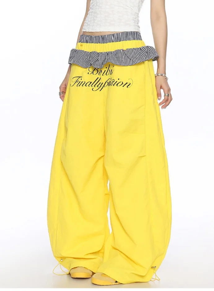 Madam Uniq Yellow Y2K Style 610343 Dopamine Outfit Sweet Lace Patchwork Casual Pants