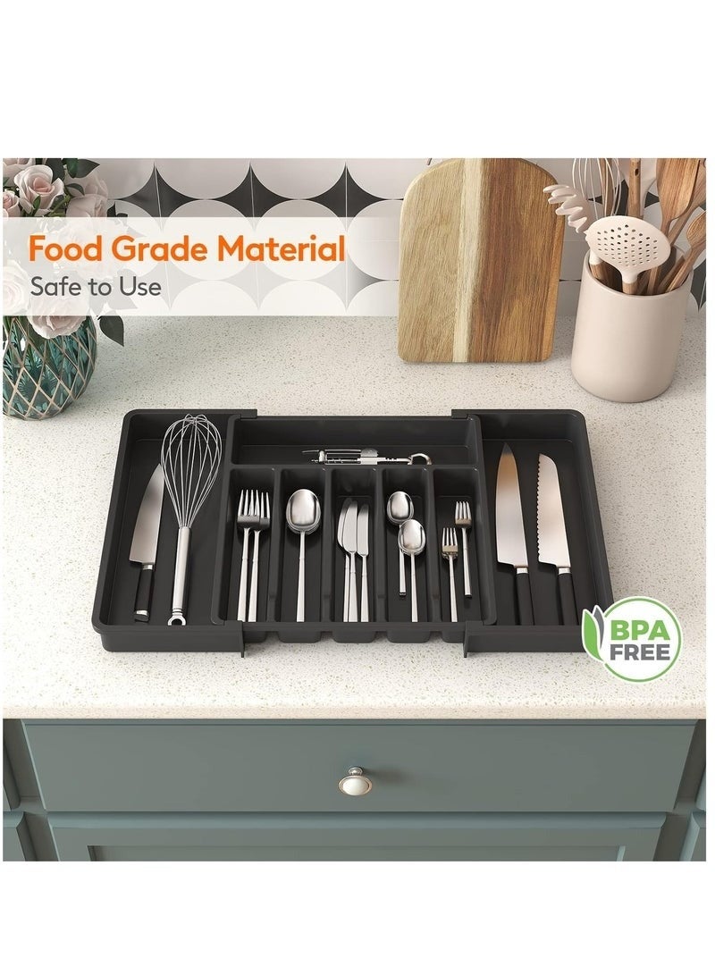 هابي هوم منظم أدوات المائدة للأدراج، صينية أدوات مطبخ قابلة للتوسيع، حامل أدوات مائدة وشوك وسكاكين خالٍ من مادة BPA، منظم تخزين بلاستيكي قابل للتعديل للملاعق والشوك والسكاكين، كبير الحجم، يمكن تمديد الصينية لترتيب أدوات المائدة ويمكن طيها لتوفير المساحة، أسود، 33-57*38*5 سم - Image 4