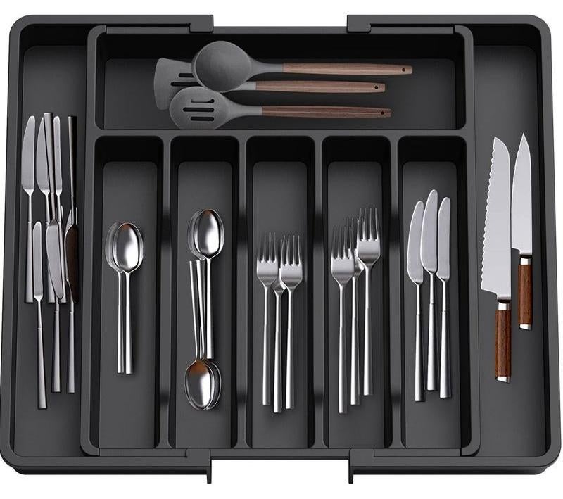 Happy Home Cutlery organizer for drawers, expandable kitchen utensil tray, BPA-free silverware and cutlery holder, adjustable plastic storage organizer for spoons, forks, and knives, large size, the tray can be extended to organize cutlery and folded to save space, Black, 33-57*38*5 cm - Image 1