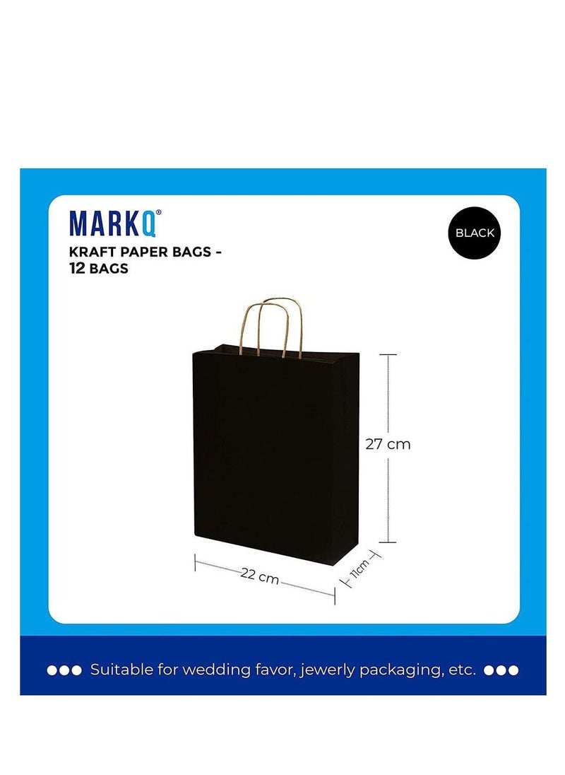 MARKQ [12 Bags] Kraft Paper Bags With Handles 27 x 22 x 11 cm Black Gift Bags For Birthday Party Favors Weddings, Retail, Shopping Bridal Shower  - Image 2