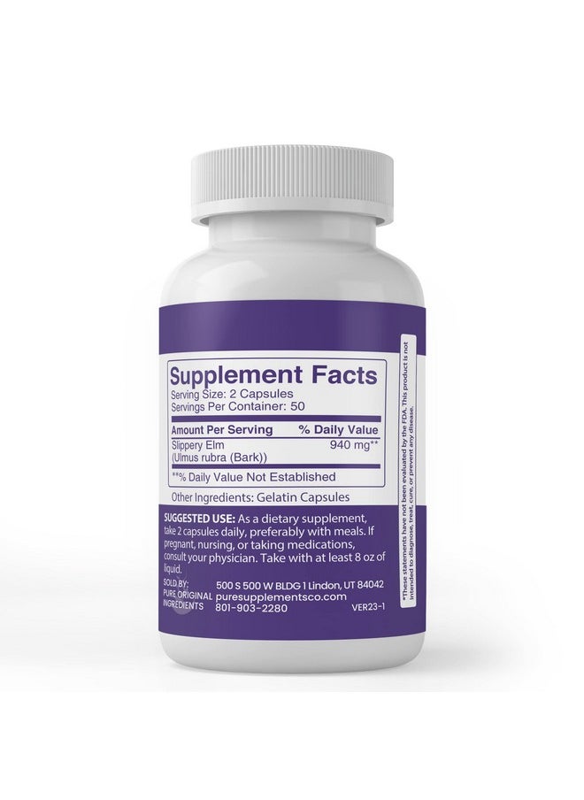 PURE ORIGINAL INGREDIENTS - Slippery Elm (100 Capsules) Always Pure No Additives Or Fillers Lab Verified - Image 1