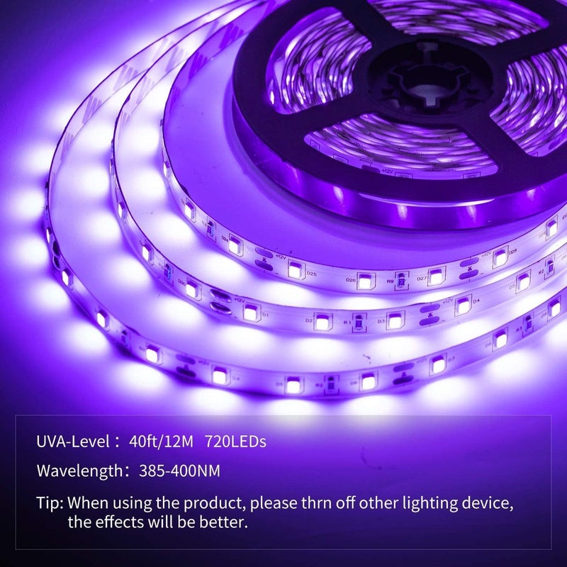 YAYIT 40 Foot Led Black Light Strip Kit, 720 Units Led, 12V Flexible Blacklight Fixtures, Non-Waterproof - Image 2