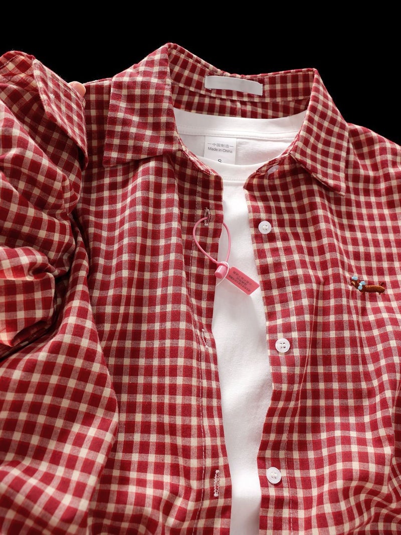 American Style Retro Wachshund Puppy Red Plaid Shirt Womens Spring and Autumn New Loose All-match Sunscreen Long-sleeved Outer Pullover Red