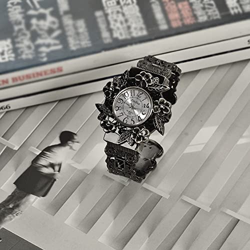 Weicam Women Vintage Cuff Bangle Bracelet Watch Carved Flowers Analog Quartz Wrist Watch - Image 2