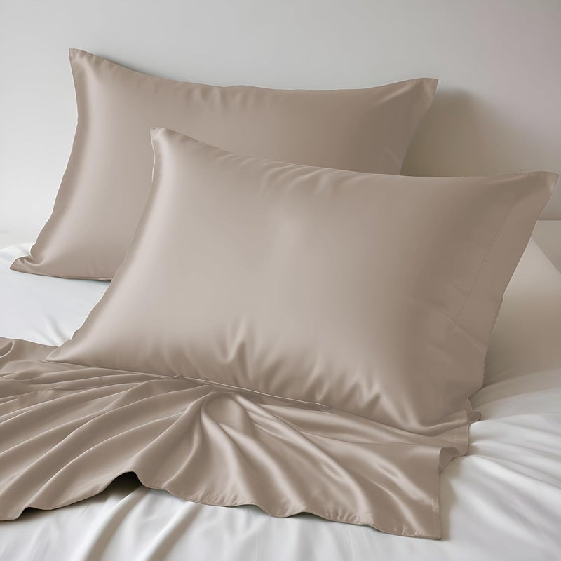 LINENWALAS 100% Organic Bamboo Pillow Cases 2 Pack, Soft Premium Bamboo Silk Pillow Cases for Hair and Skin, Standard Size Cooling Pillowcases with Envelope Closure (50x75 cm, Taupe) - Image 1