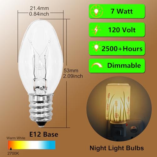 PaeorRorL Night Light Bulbs - 7 Watt Clear Light Bulbs for Night Lights ,Christmas Lights,Table Lamps, Porch,Salt Lamp - 120V E12 Base C7 Mini Small Incandescent Light Bulb - Dimmable - Warm White,15 Packs - Image 2