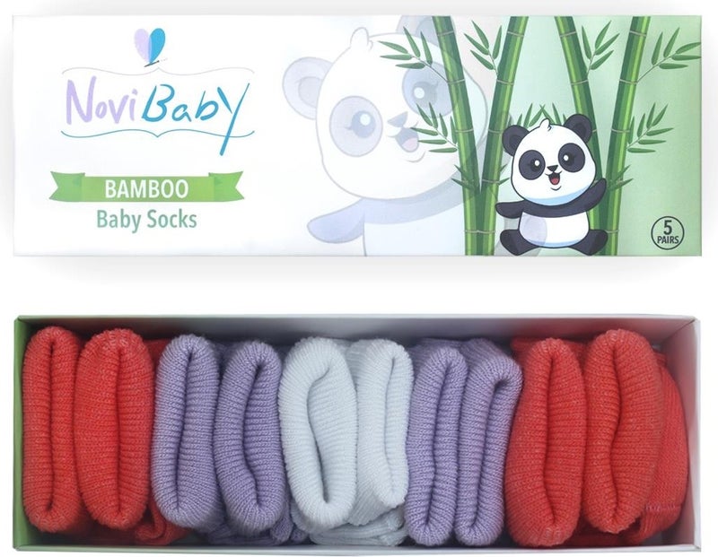 Novibaby 5-Piece Bamboo Newborn Baby Socks I Purple Orange I 0-6 Months  - Image 1