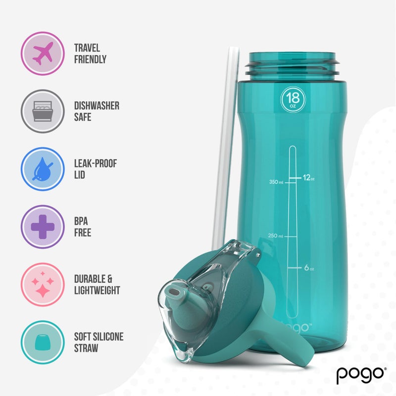 Pogo زجاجة ماء بلاستيكية من تريتان خالية من BPA مع غطاء قشة ناعمة، 18 أونصة، أزرق مائل إلى الأخضر - Image 3