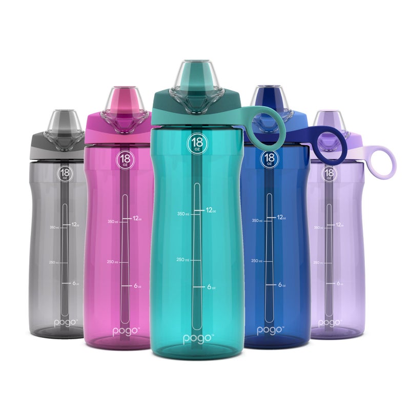 Pogo زجاجة ماء بلاستيكية من تريتان خالية من BPA مع غطاء قشة ناعمة، 18 أونصة، أزرق مائل إلى الأخضر - Image 1