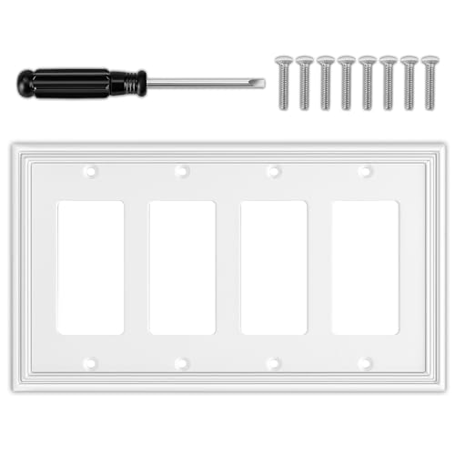 OKAYZIP White Decorative Quad Decorator Wall Plate, Natural Material Rocker Switch Plates Outlet Covers for Receptacle, GFCI Outlet, Dimmer Switch - Modern Style (4 Gang Decorator 1 Pack) - Image 1