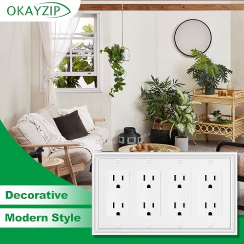 OKAYZIP White Decorative Quad Decorator Wall Plate, Natural Material Rocker Switch Plates Outlet Covers for Receptacle, GFCI Outlet, Dimmer Switch - Modern Style (4 Gang Decorator 1 Pack) - Image 4