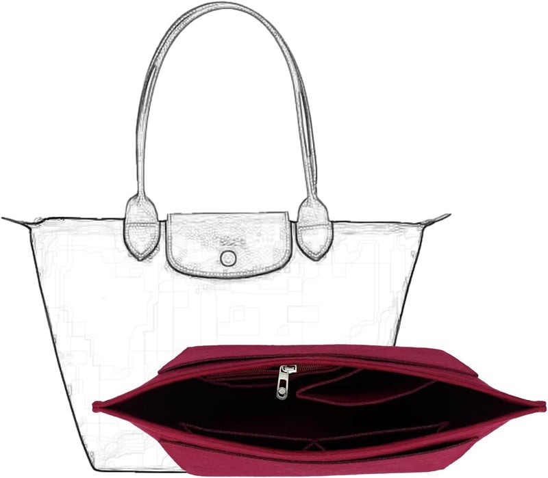 D.DUO Purse Organizer, Multi-Pocket Felt Handbag Organizer, Folding Tote Bag organizer insert for Insert Wallet Organizer for Longchamp (Deep Red, Large) - Image 1