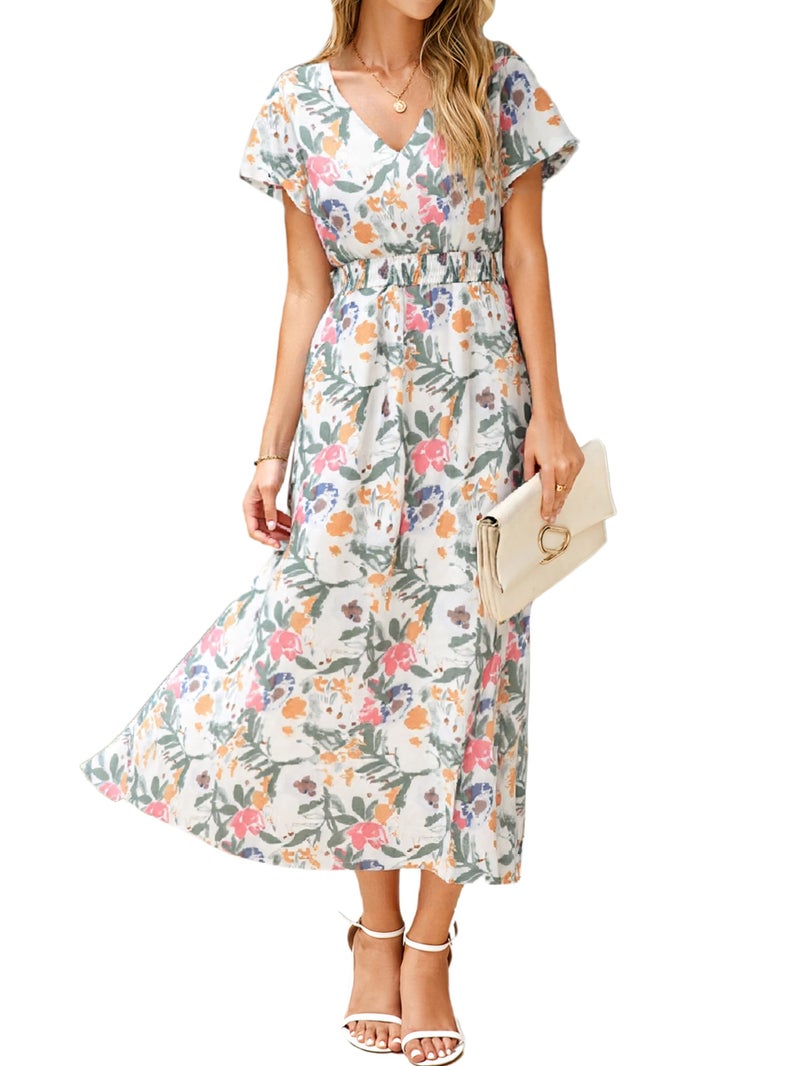 Simplee Apparel Simplee Womens Floral Maxi Dress - Short Sleeve Summer Boho Wedding Guest Dress Empire Waist Chiffon Modest Midi Dresses White,L - Image 1