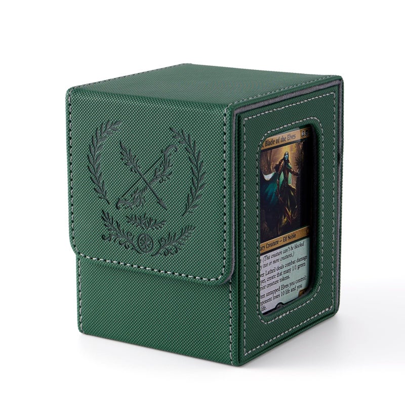 Venssu MTG Deck Box with Commander Display, Elf Card Deck Case Fits 100 Double Sleeved Cards, TCG Card Storage Box with 2 Dividers and 1 Toploader (Green and Grey) - Image 1