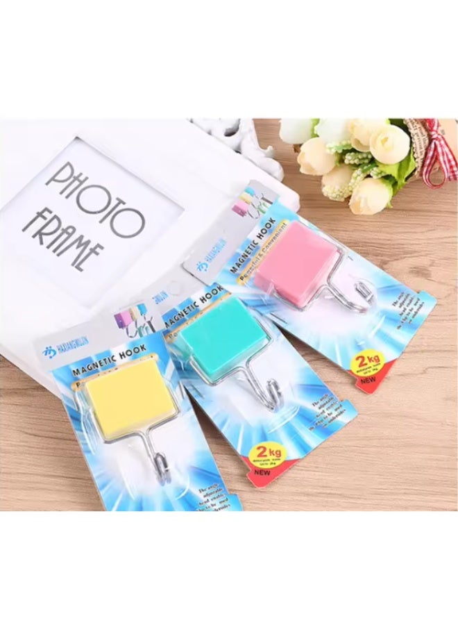 3 خطافات مغناطيسية ملونة، حمولة 2 كجم، خطافات مغناطيسية قوية، لا حاجة للحفر، مثبتة على الحائط، خطاف لاصق شديد التحمل، شماعات معدنية متعددة الأغراض تدور 180 درجة - Image 1
