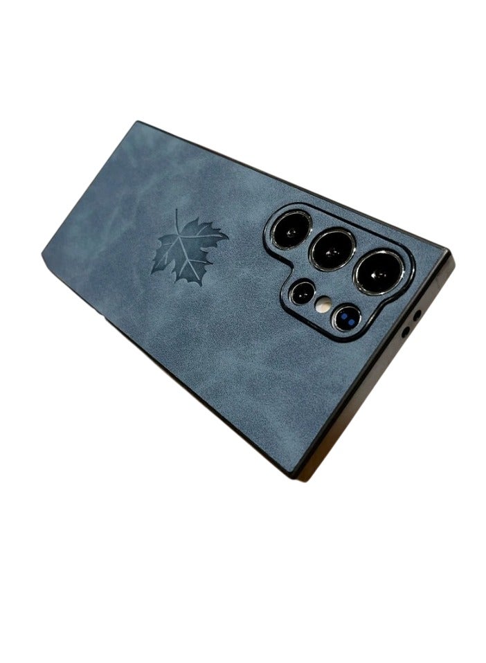 Leather Maple Leaf Pattern Phone Case, Durable Matte Soft Mobile Cover, Anti Slip Shockproof Back Cover, Lightweight Mobile Protection Case For S23 Ultra, (1pc, Blue)