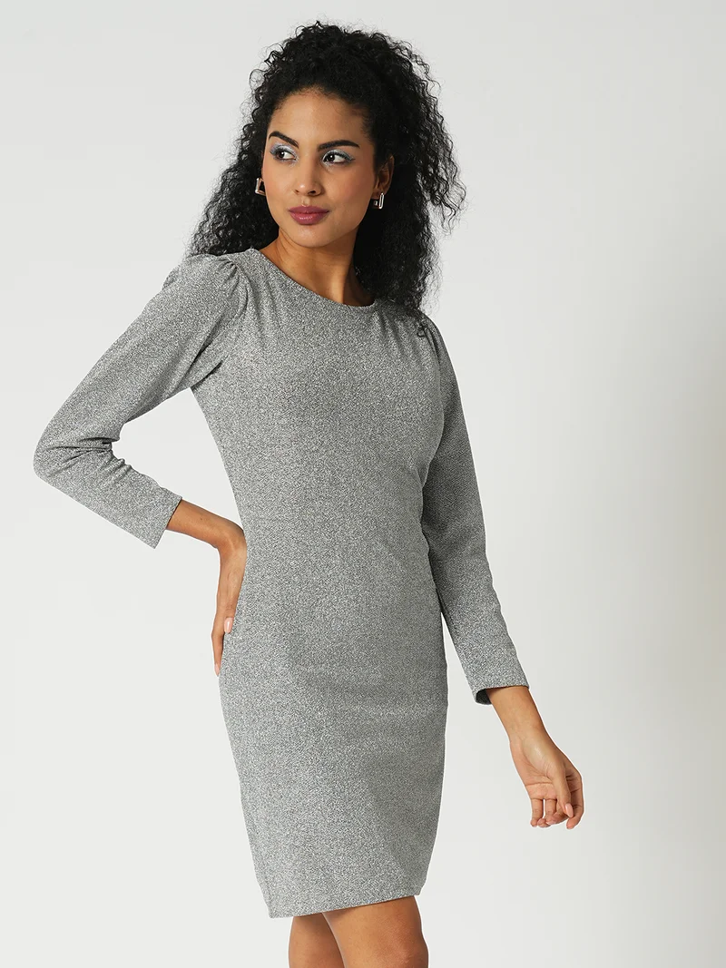 globus Globus Women Round Neck Puff Sleeves Shimmer Mini Bodycon Party Dress