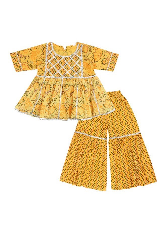 superminis Baby Girl's Cotton Sanganeri/Floral Printed Frock Style Kurti With Printed Sharara Dress Clothing Set, Yellow, 18-24 M - Image 1