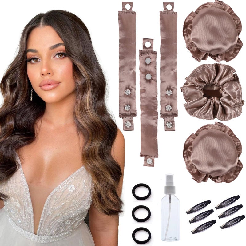 Clione 3 Sets Satin Heatless Curling Set Overnight Curls Blowout Rods Soft Hair Curlers to Sleep in Bun Bons Heatless Curls with Bonnet Cap No Heat Headband Silk Roller Wrapper Brown - Image 1