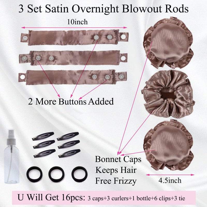 Clione 3 Sets Satin Heatless Curling Set Overnight Curls Blowout Rods Soft Hair Curlers to Sleep in Bun Bons Heatless Curls with Bonnet Cap No Heat Headband Silk Roller Wrapper Brown - Image 4