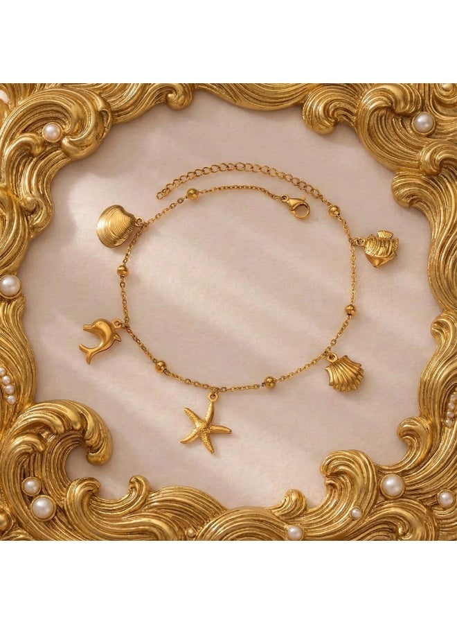 Ucanbe Dolphin Starfish Shell Pendant Ocean Series Anklet – Stainless Steel Beach Ankle Chain - Image 1