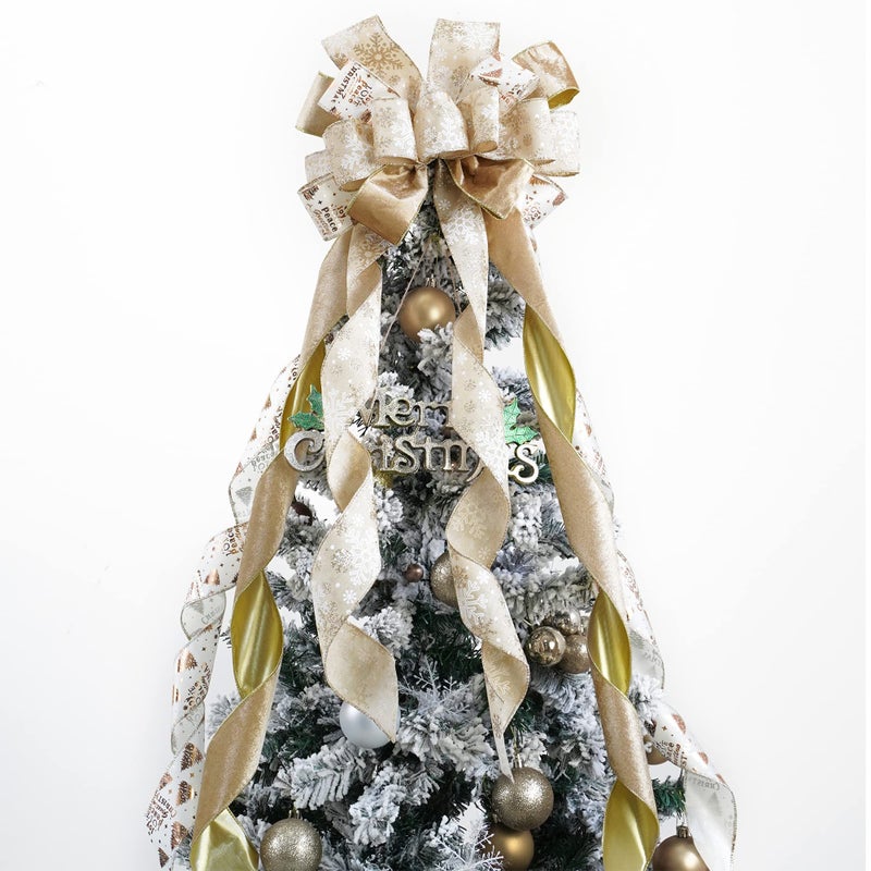 MEEDEE Champagne Christmas Tree Topper  12 Wide Velvet Champagne  Gold Bows 1 Pack