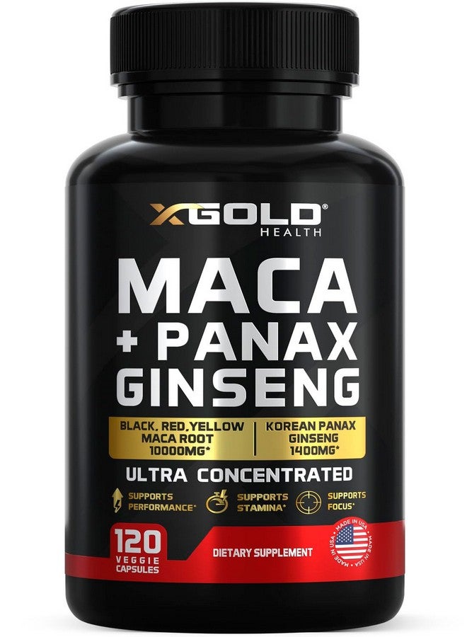 X Gold Health Maca Root Capsules 10,000mg + Korean Panax Ginseng 1,400mg - 20x Concentrated Extract Black + Red + Yellow Maca Root, 10x Concentrated Extract Panax Ginseng Capsules - Ultra Potent & Highly Purified - Image 1