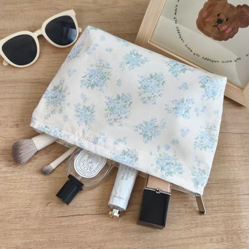 STARDW Aesthetic Floral Makeup Bag Cute Small Cosmetic Bags for Women Girls, Travel Toiletry Bag Large Capacity Zipper Makeup Pouch, Purse Organizer Pouches (Flowers Blue) - Image 3