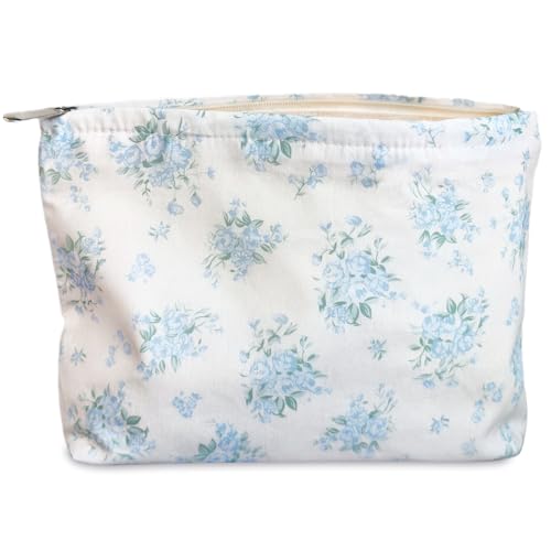 STARDW Aesthetic Floral Makeup Bag Cute Small Cosmetic Bags for Women Girls, Travel Toiletry Bag Large Capacity Zipper Makeup Pouch, Purse Organizer Pouches (Flowers Blue) - Image 1