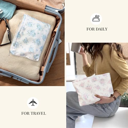 STARDW Aesthetic Floral Makeup Bag Cute Small Cosmetic Bags for Women Girls, Travel Toiletry Bag Large Capacity Zipper Makeup Pouch, Purse Organizer Pouches (Flowers Blue) - Image 5