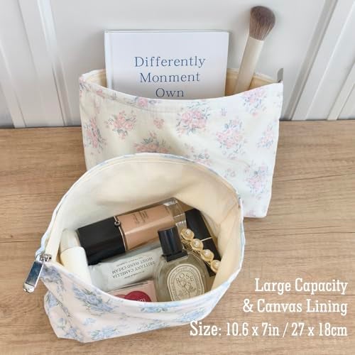 STARDW Aesthetic Floral Makeup Bag Cute Small Cosmetic Bags for Women Girls, Travel Toiletry Bag Large Capacity Zipper Makeup Pouch, Purse Organizer Pouches (Flowers Blue) - Image 4