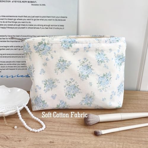 STARDW Aesthetic Floral Makeup Bag Cute Small Cosmetic Bags for Women Girls, Travel Toiletry Bag Large Capacity Zipper Makeup Pouch, Purse Organizer Pouches (Flowers Blue) - Image 2