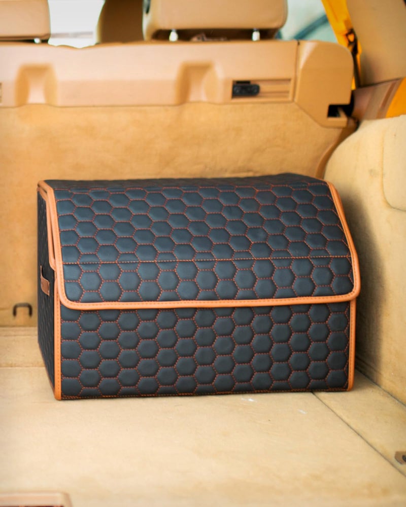 Owleys Sedan Trunk Organizer 177 Storage Tote For Groceries Tools Travel Gear Foldable EcoLeather Car Crate With Magnetic Lid Stylish Presents For Drivers BlackBrown Hexy 17