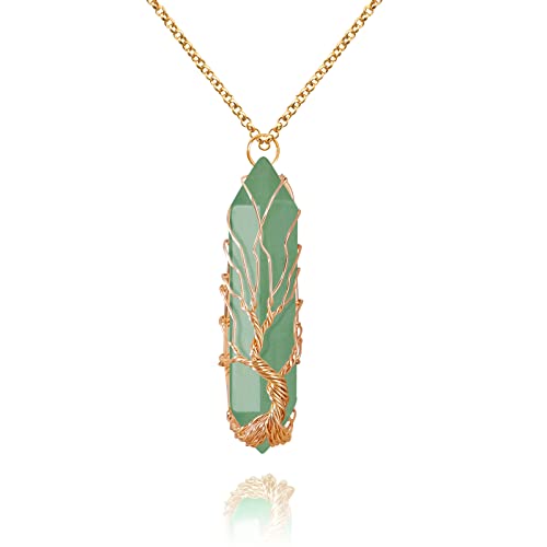 VIBILIA Healing Crystal Necklace Tree of Life Wire Wrapped Natural Green Aventurine Stone Point Pendant Necklace Hexagonal Reiki Spiritual Quartz Gemstone Jewelry for Women Men - Image 1