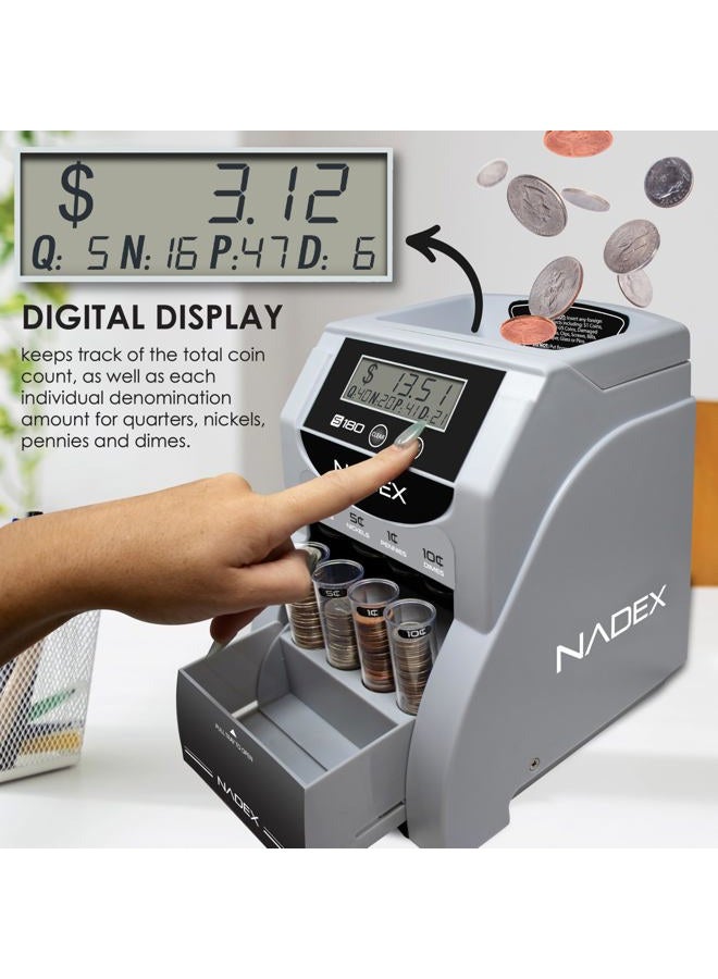 Nadex S180 Digital Coin Sorter and Counter – Displays Total and Denomination Values, Black - Image 2