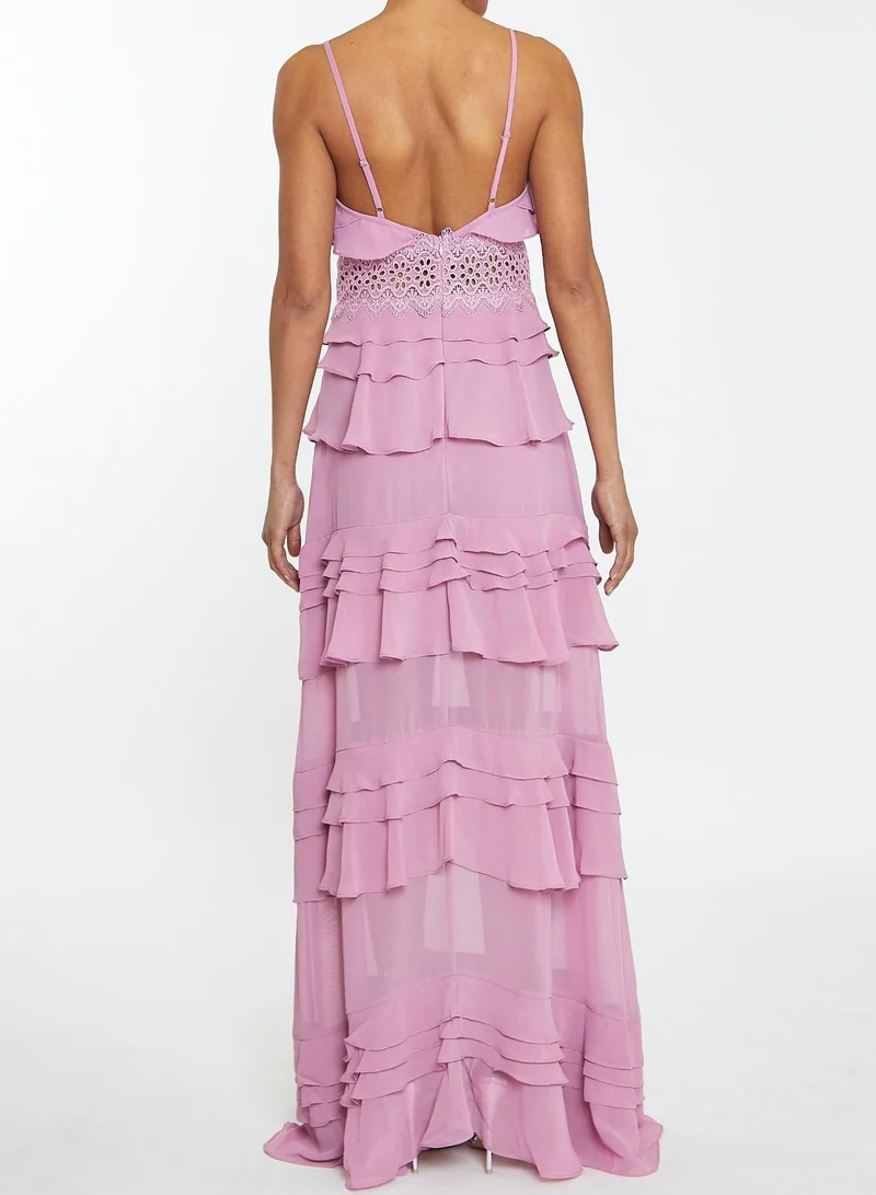 True Decadence Sophia Orchid Plunge Front Tiered Ruffle Maxi-Dress