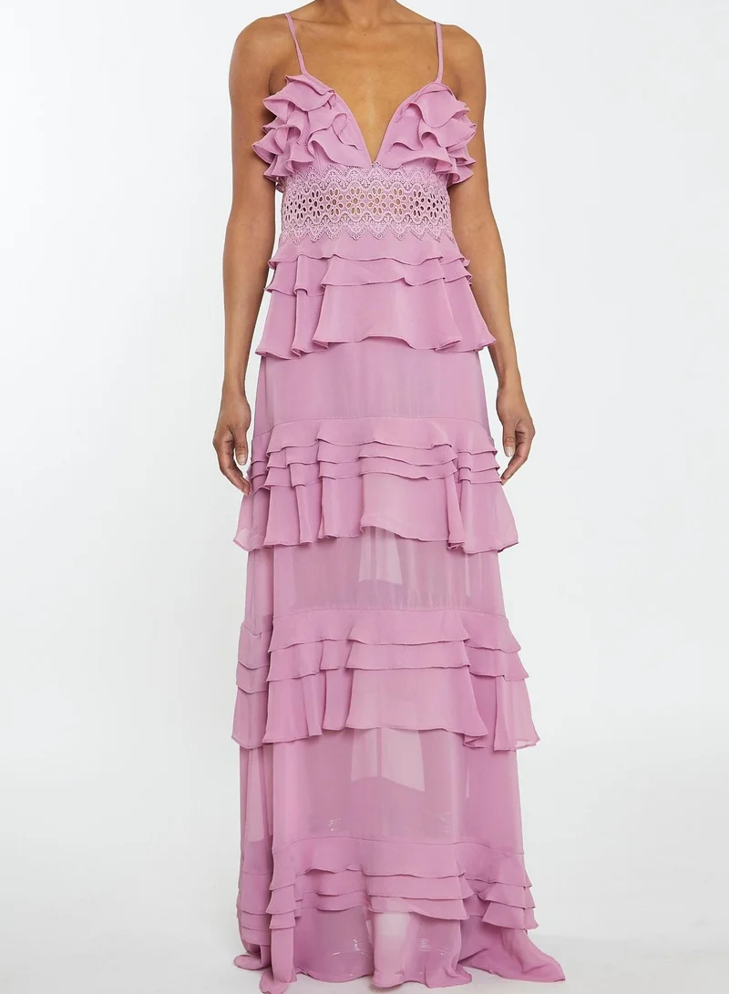 True Decadence Sophia Orchid Plunge Front Tiered Ruffle Maxi-Dress