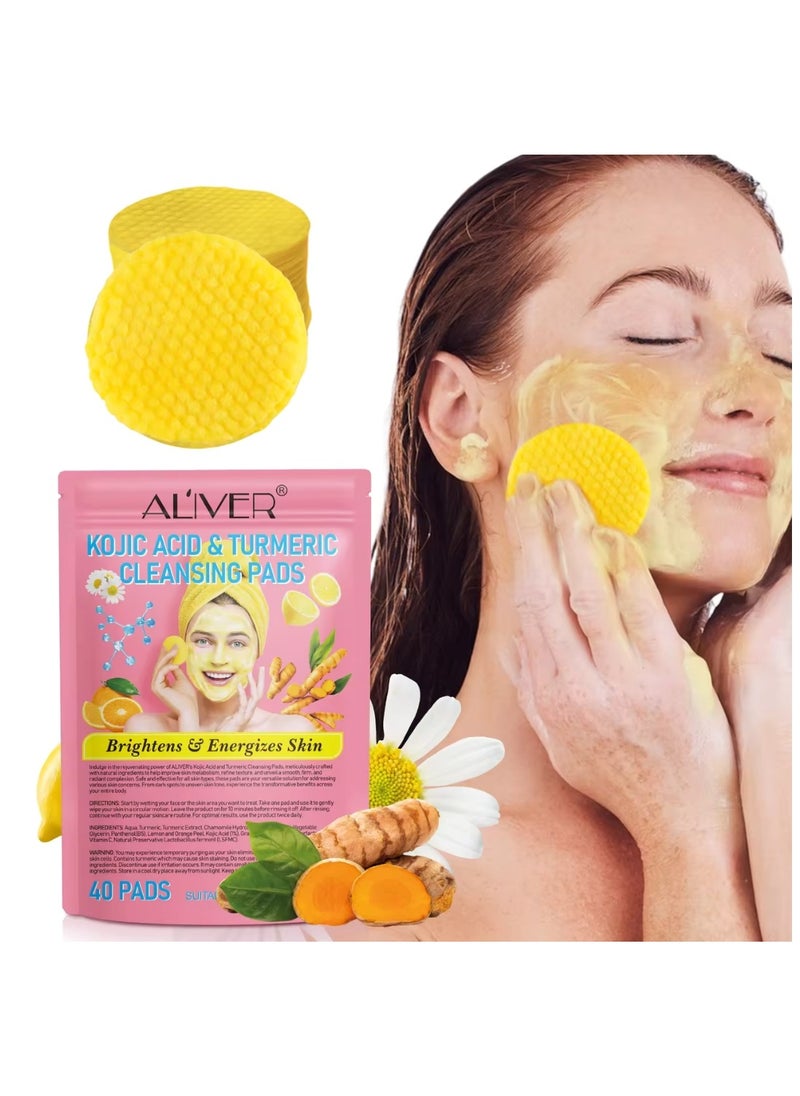 ALIVER - 40Pcs Kojic Acid & Turmeric Cleansing Pads for Dark Spots Turmeric Kojic Acid Cleansing Pads Helps Balance Skin Oil & Water Fade Spot Remove Excess Keratin Clean Oil Refines Pores - Image 1