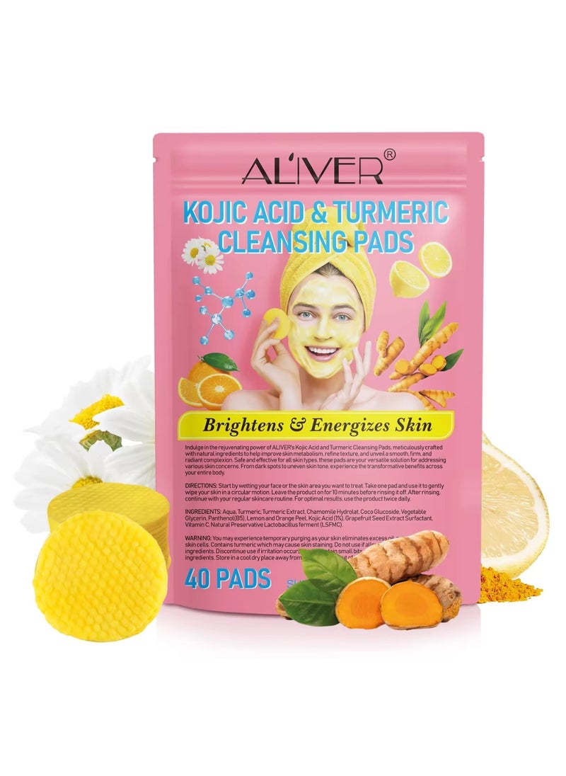 ALIVER - 40Pcs Kojic Acid & Turmeric Cleansing Pads for Dark Spots Turmeric Kojic Acid Cleansing Pads Helps Balance Skin Oil & Water Fade Spot Remove Excess Keratin Clean Oil Refines Pores - Image 1