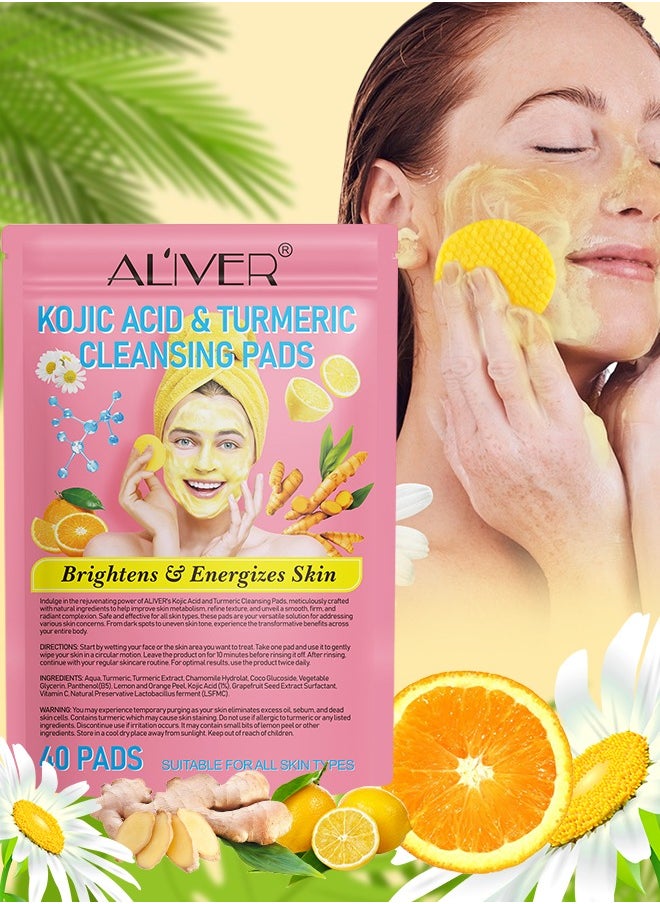 ALIVER - 40Pcs Kojic Acid & Turmeric Cleansing Pads for Dark Spots Turmeric Kojic Acid Cleansing Pads Helps Balance Skin Oil & Water Fade Spot Remove Excess Keratin Clean Oil Refines Pores - Image 1