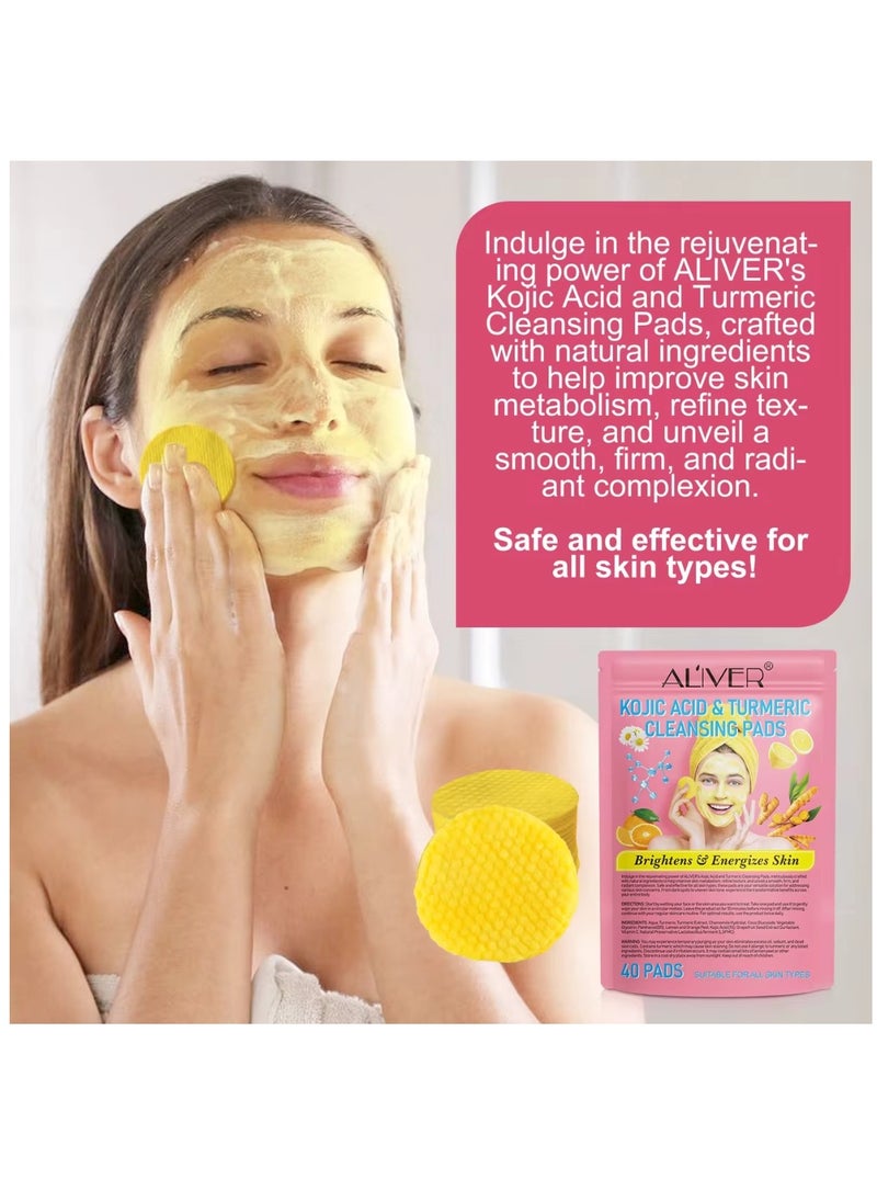 ALIVER - 40Pcs Kojic Acid & Turmeric Cleansing Pads for Dark Spots Turmeric Kojic Acid Cleansing Pads Helps Balance Skin Oil & Water Fade Spot Remove Excess Keratin Clean Oil Refines Pores - Image 1