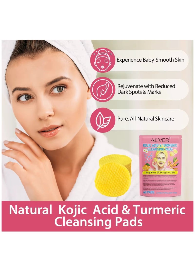 ALIVER - 40Pcs Kojic Acid & Turmeric Cleansing Pads for Dark Spots Turmeric Kojic Acid Cleansing Pads Helps Balance Skin Oil & Water Fade Spot Remove Excess Keratin Clean Oil Refines Pores - Image 1