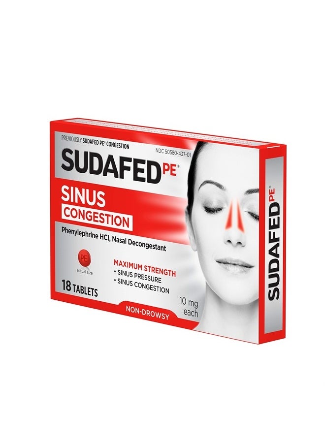 Sudafed - PE Sinus Congestion Maximum Strength Non-Drowsy Decongestant Tablets, 18 ct - Image 1
