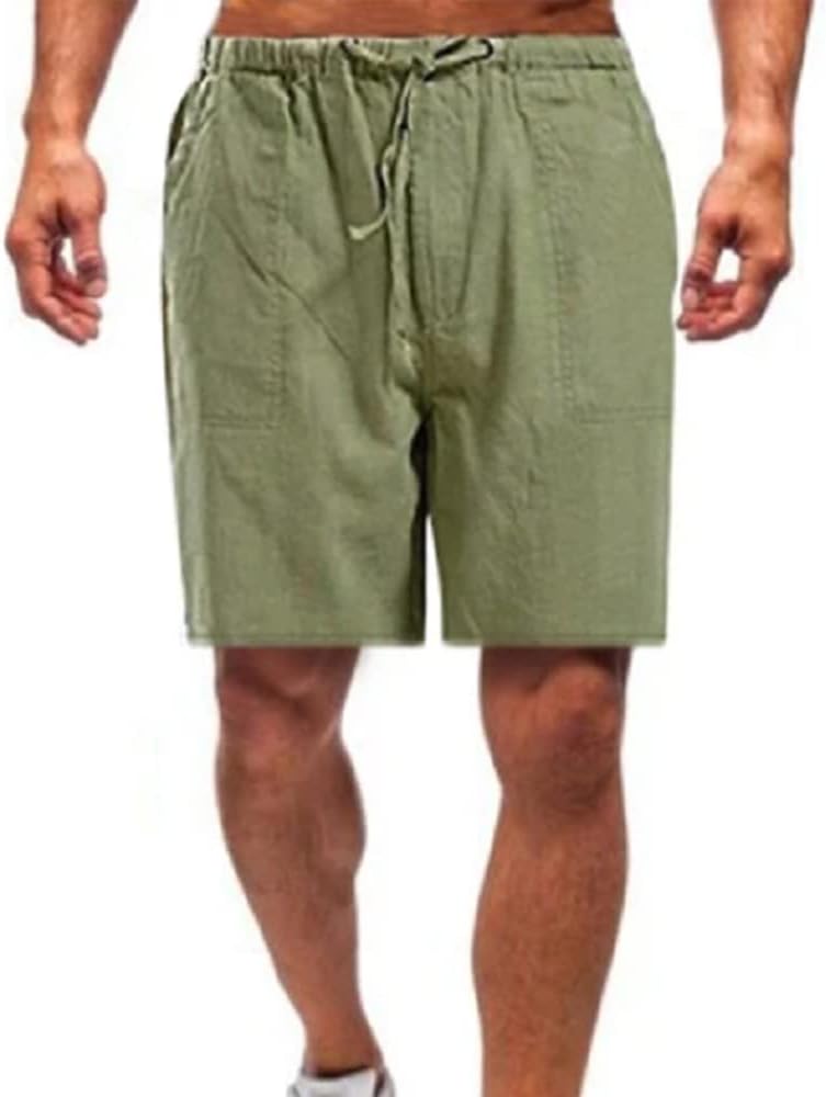 woobles Nature Cotton & Linen Cozy Shorts for Men Mens Nature Cotton & Linen Cozy Shorts Elastic Waist Casual Shorts (3XL,Green) 3X-Large Green - Image 1
