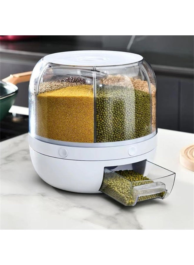 كيلا موزع طعام وحاوية تخزين حبوب سعة 13 رطلاً، موزع حبوب يدور 360 درجة مع 6 شبكات، موزع حبوب على سطح الطاولة مع غطاء محكم لتخزين الأرز والفاصوليا الحمراء والفاصوليا الصفراء والحبوب (أبيض) - Image 1