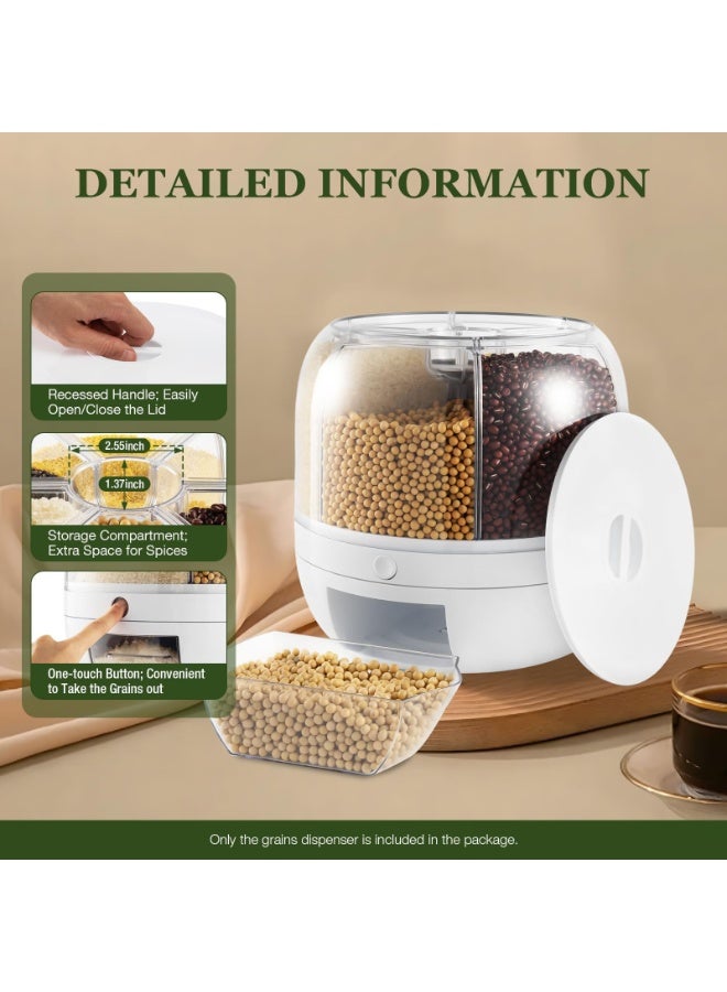 كيلا موزع طعام وحاوية تخزين حبوب سعة 13 رطلاً، موزع حبوب يدور 360 درجة مع 6 شبكات، موزع حبوب على سطح الطاولة مع غطاء محكم لتخزين الأرز والفاصوليا الحمراء والفاصوليا الصفراء والحبوب (أبيض) - Image 3