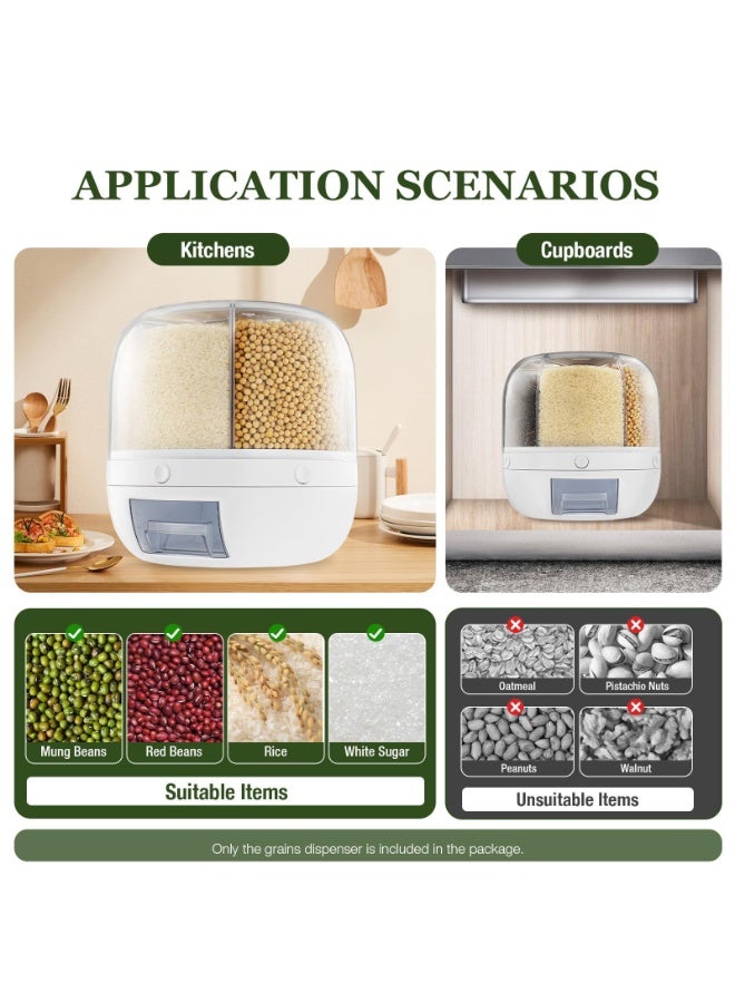 كيلا موزع طعام وحاوية تخزين حبوب سعة 13 رطلاً، موزع حبوب يدور 360 درجة مع 6 شبكات، موزع حبوب على سطح الطاولة مع غطاء محكم لتخزين الأرز والفاصوليا الحمراء والفاصوليا الصفراء والحبوب (أبيض) - Image 4