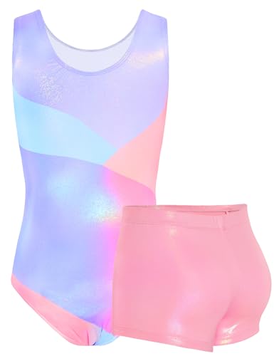 TENVDA Gymnastics Leotards for Girls Tumbling Outfit Size 10-12 Years Old Sparkly Pink Blue Bodysuit Matching Shorts Sets - Image 2
